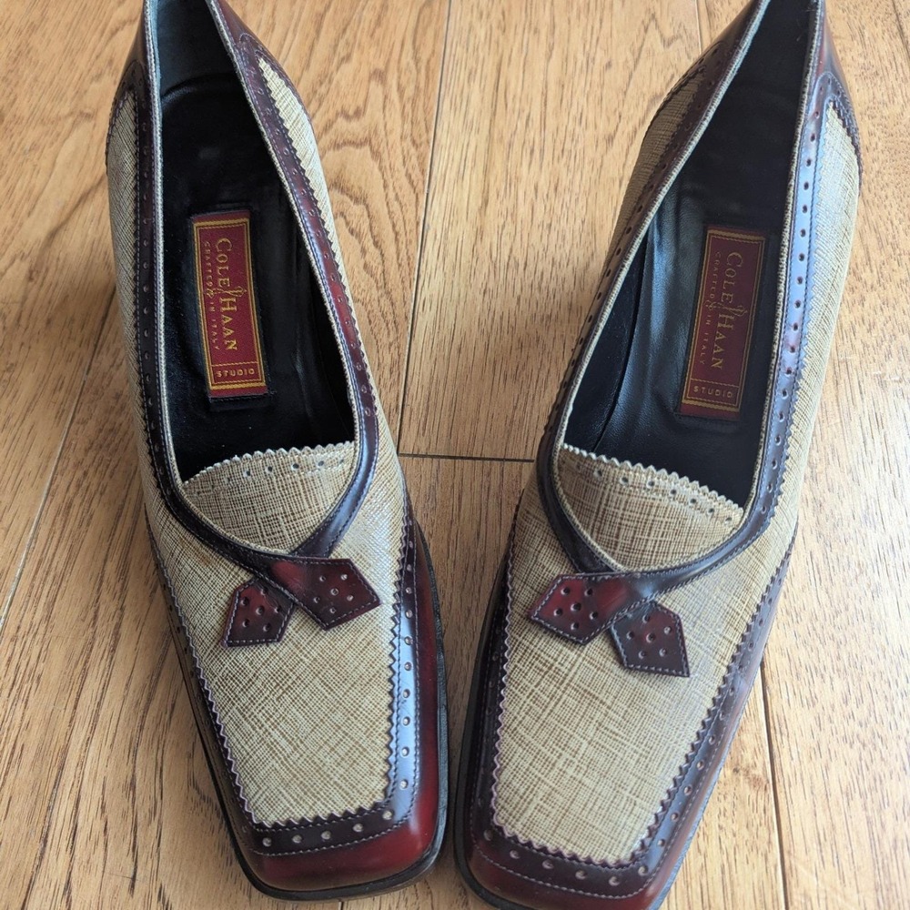Vtg Cole Haan Studio Pumps Brown Tan Leather Fabric Brogue Block Heel Sz 10 B